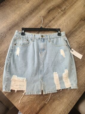 Sage Light Blue Distressed Denim Mini Skirt